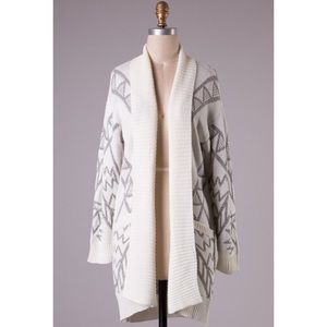 Aztec Print Long Cardigan in Cream/Grey